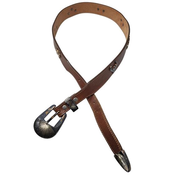 Vintage 90s Silver Creek Collection 32 Brown Leather Western Belt Concho Figures - Picture 1 of 4